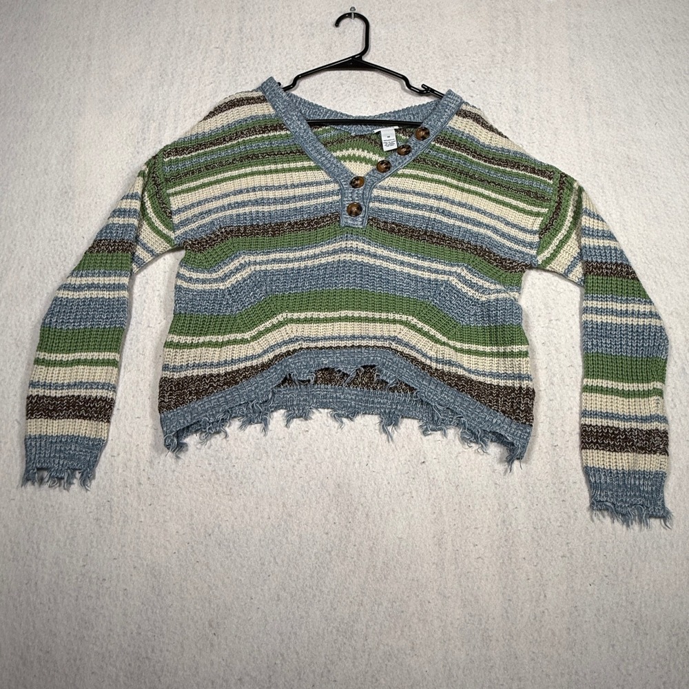rue21 Womens XS Striped Distressed Henley Sweater Blue Green Cropped Boho Knit